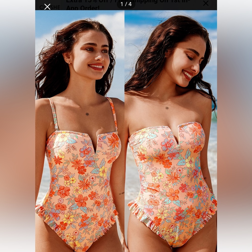 CUPSHE Ditsy Floral V-Wire Ruffled One-Piece Swimsuit, size M